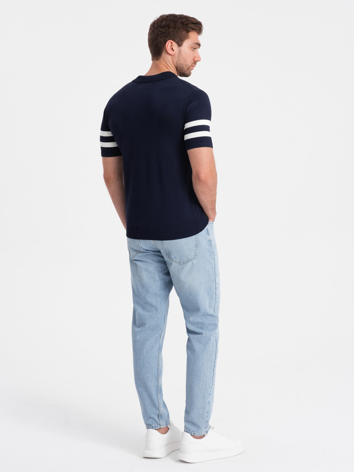 Tricou polo bărbătesc din tricot moale cu dungi contrastante - albastru marin V2 OM-POSS-0118