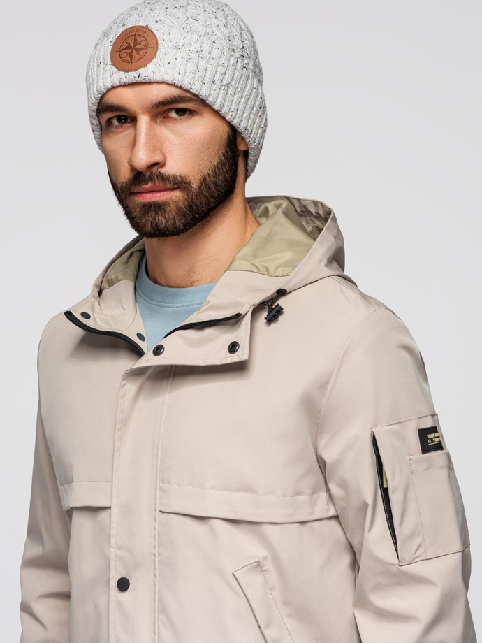 Functional men's transitional jacket with hood - beige V3 OM-JANP-0225