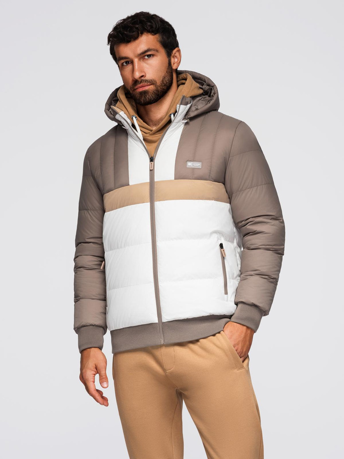 Colorful retro men's sports jacket - beige and white V2 OM-JALP-0296