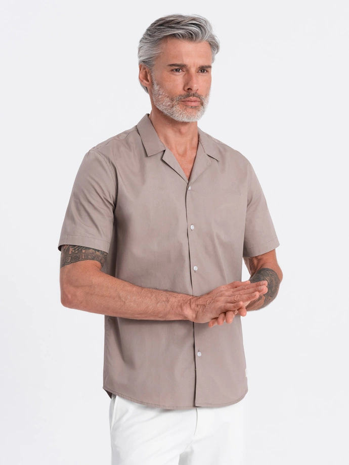 Men's short sleeve shirt with Cuban collar - dark beige V3 OM-SHSS-0168