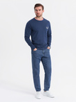 Men's cotton longsleeve with striped U neckline and embroidery - dark blue V3 OM-LSCL-0128