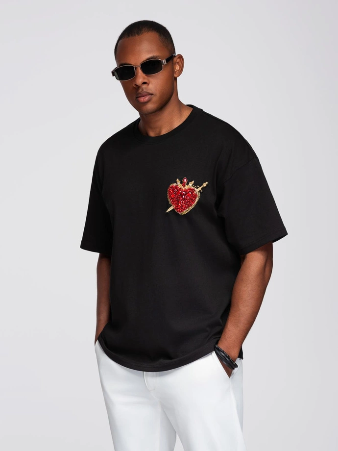 Tricou bărbătesc din bumbac cu aplicații de bijuterii pe piept - negru V1 OM-TSCT-0290