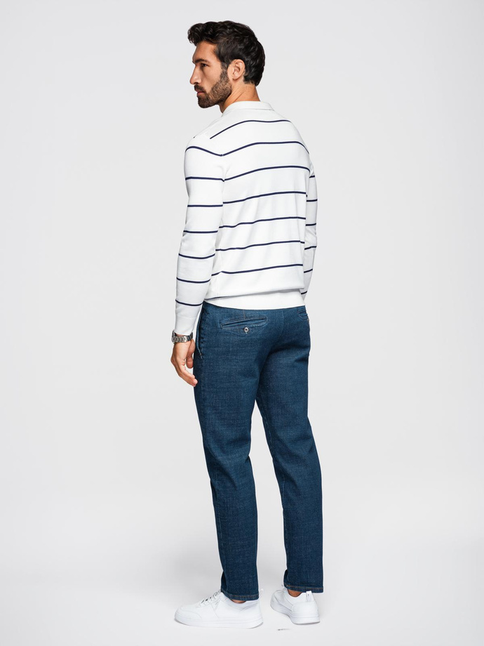 Men's horizontal striped polo longsleeve with viscose - white and navy blue V2 OM-POLS-0146