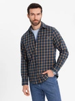 Vyriški SLIM FIT languoti flaneliniai marškiniai - tamsiai mėlyni ir oranžiniai V1 OM-SHCS-0145