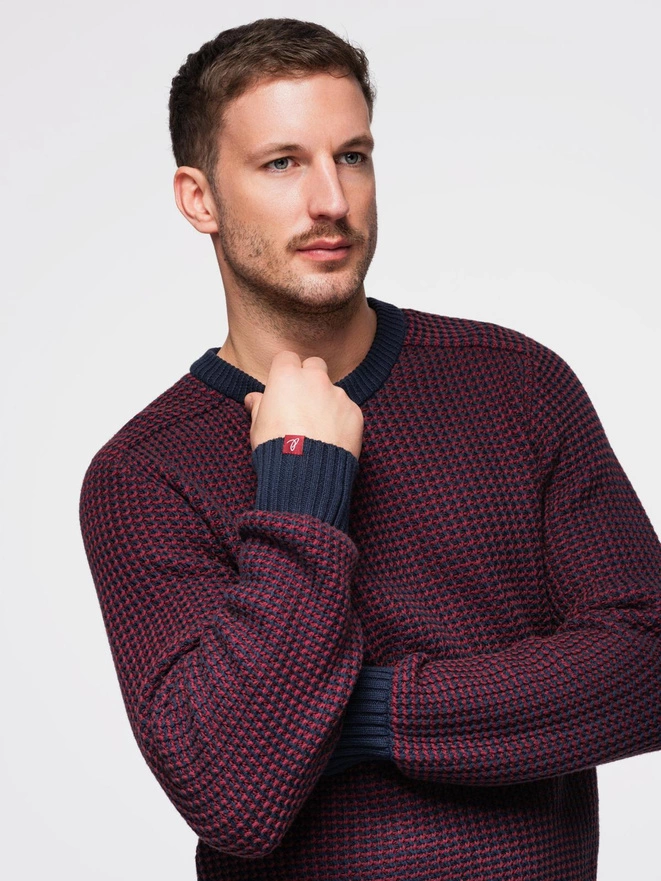 Men's contrast weave sweater with round neckline - maroon V1 OM-SWSW-0122