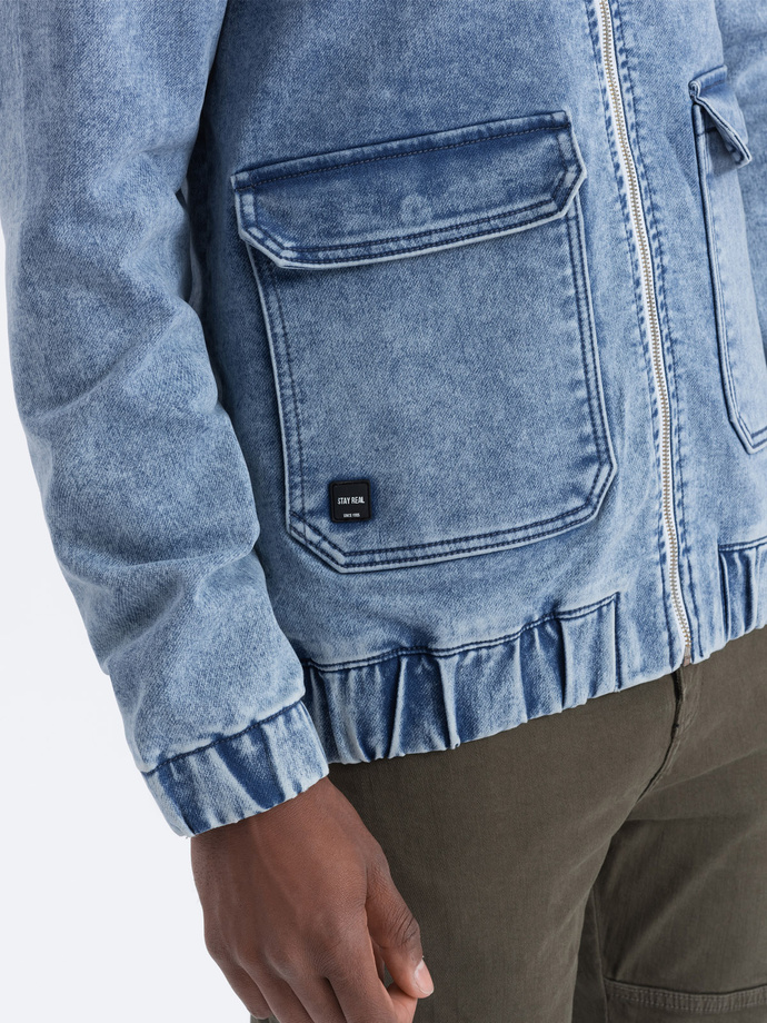 Jachetă katana din denim pentru bărbați cu buzunare cargo și glugă - albastru V3 C558