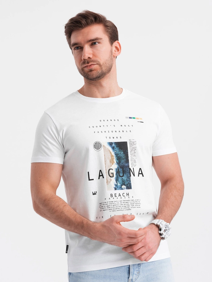 Pánské bavlněné tričko s potiskem laguny - bílé V1 OM-TSPT-0127