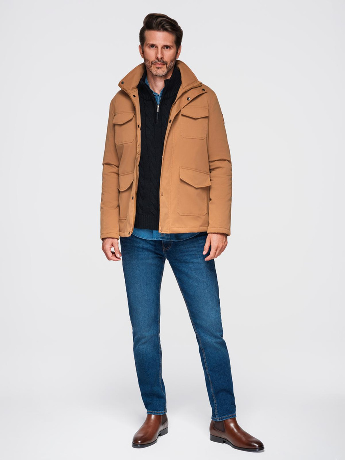 Men's lightweight jacket with pockets and high collar - brown V5 OM-JALP-0167