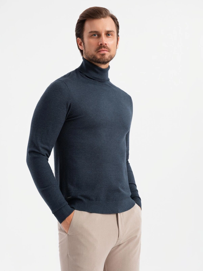 Men's knitted turtleneck with viscose - navy blue V4 OM-SWTN-0127 