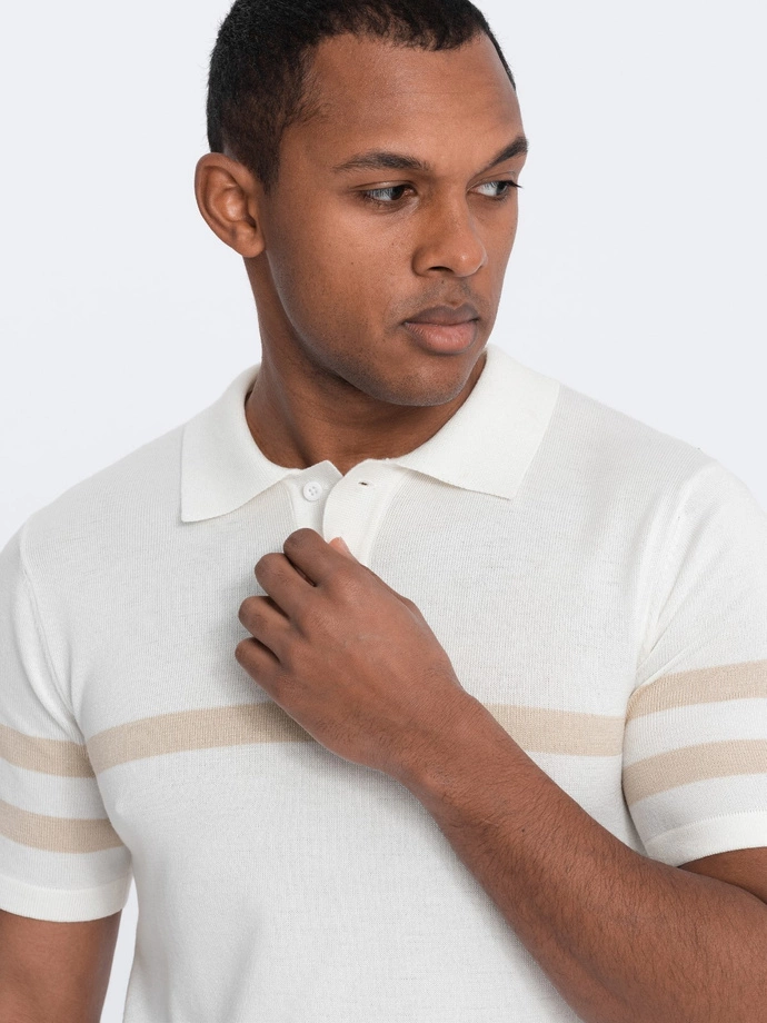 Men's soft knit polo shirt with contrasting stripes - cream V3 OM-POSS-0118