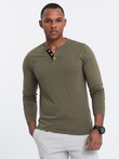Men's cotton longsleeve with buttons at the neckline - dark olive V1 OM-LSCL-0107