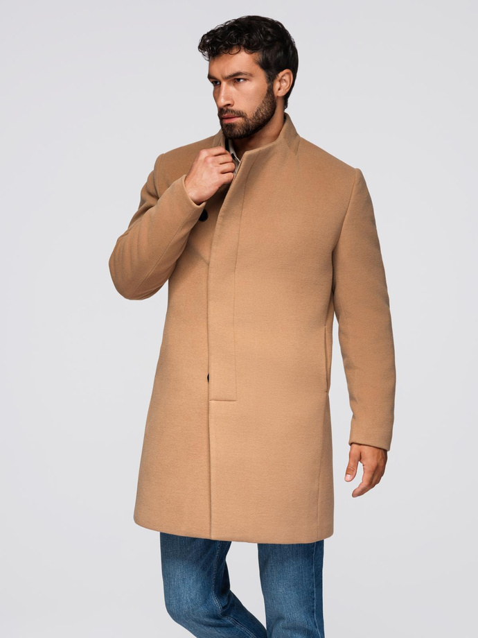 Men's coat with asymmetrical fastening and high collar - light brown V4 OM-COWC-0141