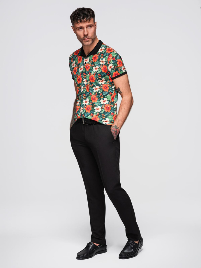 Cotton polo shirt with floral print - black V2 OM-POSS-0149