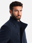 Men's coat with asymmetrical fastening and high collar - navy blue V3 OM-COWC-0120