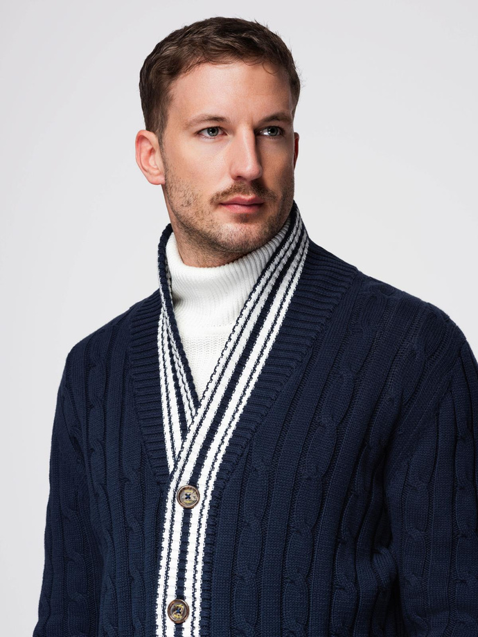 Pulover cardigan pentru bărbați cu guler șal în stil preppy - albastru marin V4 OM-SWCD-0152