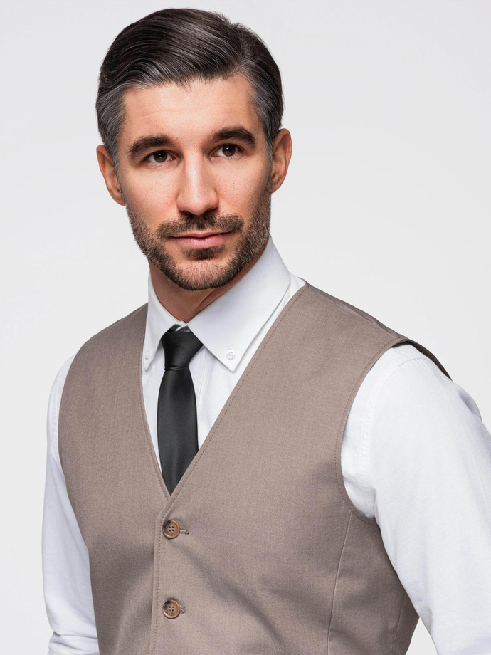 Vyriška kostiumo liemenė be atlapų - smėlio spalvos V2 OM-BLZV-0112