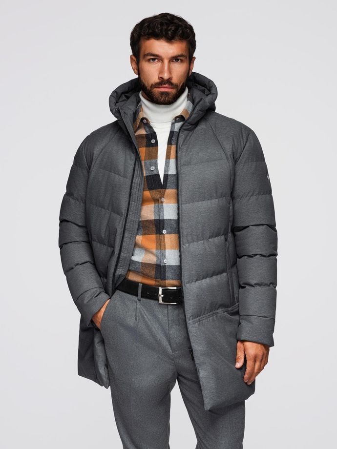 Men's long quilted jacket with hood - grey V2 OM-JALJ-0264