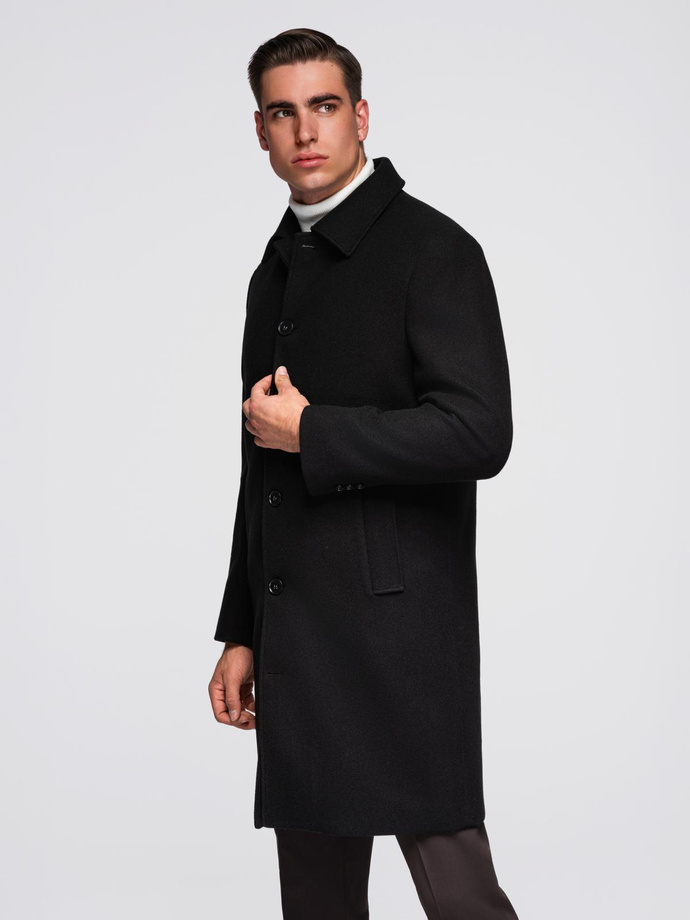 Men's long single-breasted coat with collar and undercoat - black V1 OM-COWC-0106