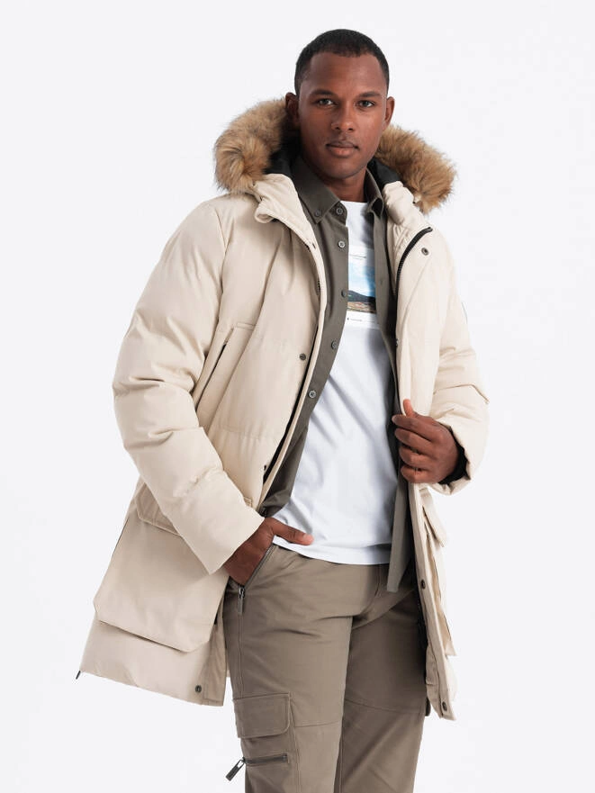 Men's long parka jacket with flared bottom - cream V1 OM-JALJ-0184