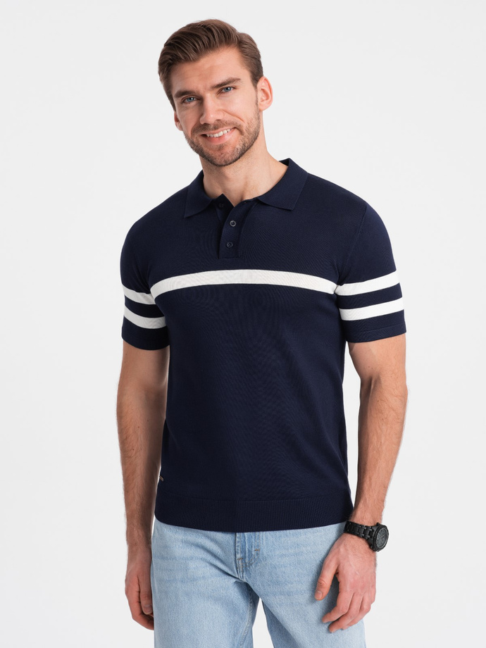 Tricou polo bărbătesc din tricot moale cu dungi contrastante - albastru marin V2 OM-POSS-0118