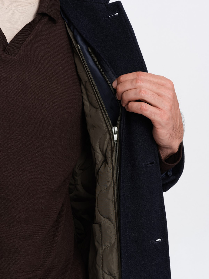 Palton bărbătesc lung cu o singură pieptănătură, cu guler și strat inferior - albastru marin V3 OM-COWC-0106