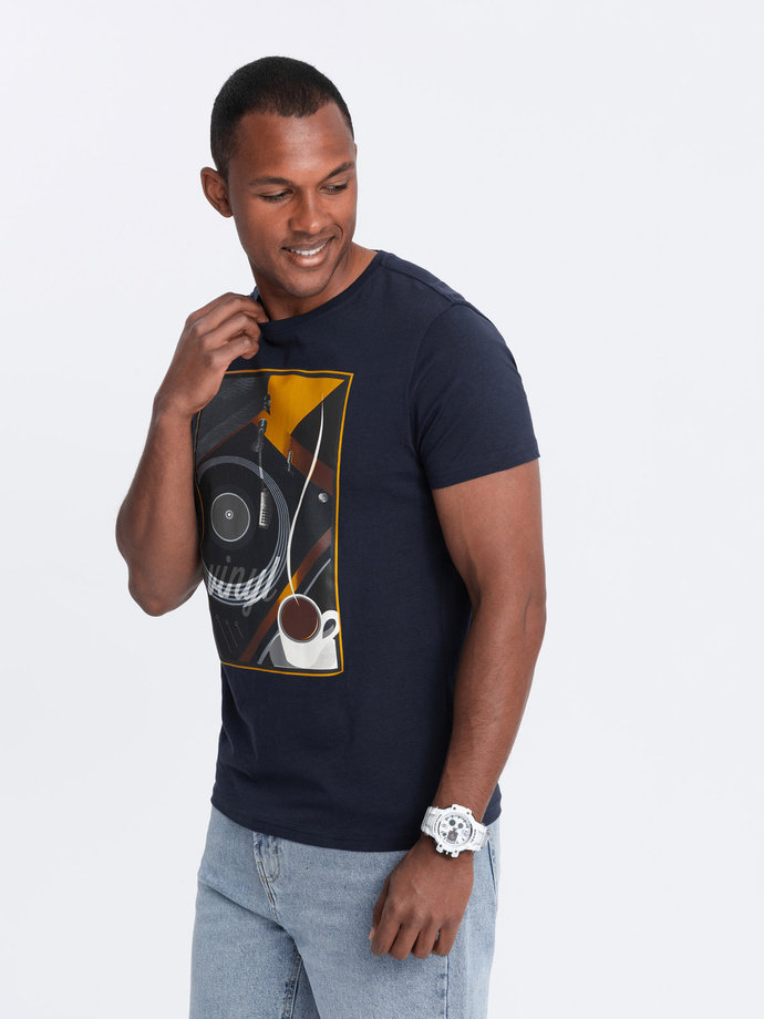 Tricou bărbătesc din bumbac imprimat cu vinil - albastru marin V2 OM-TSPT-0119