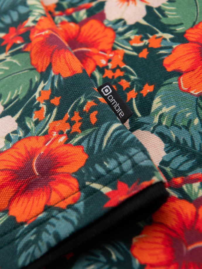 Bavlnené polo tričko s kvetinovou potlačou - čierne V2 OM-POSS-0149