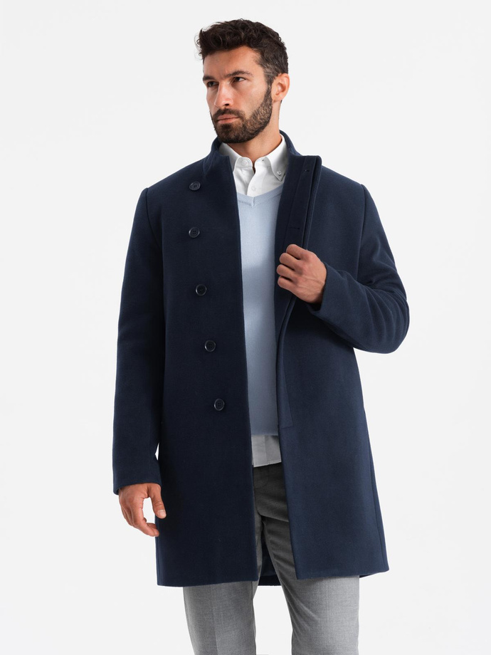 Men's coat with asymmetrical fastening and high collar - navy blue V3 OM-COWC-0120