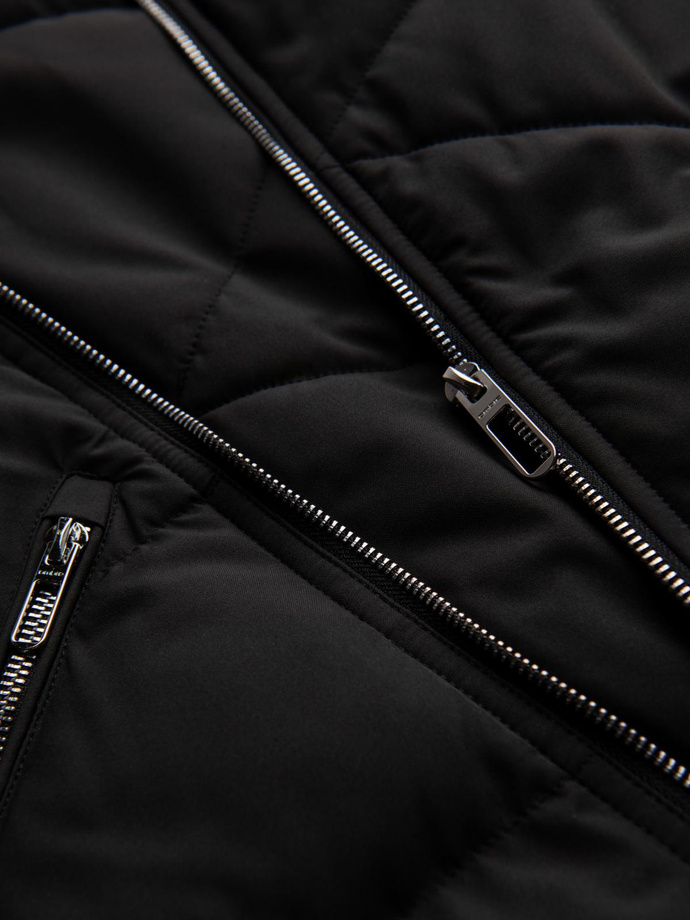 Men's quilted jacket with cut of ramoneski with hood - black V1 OM-JAHP-0252