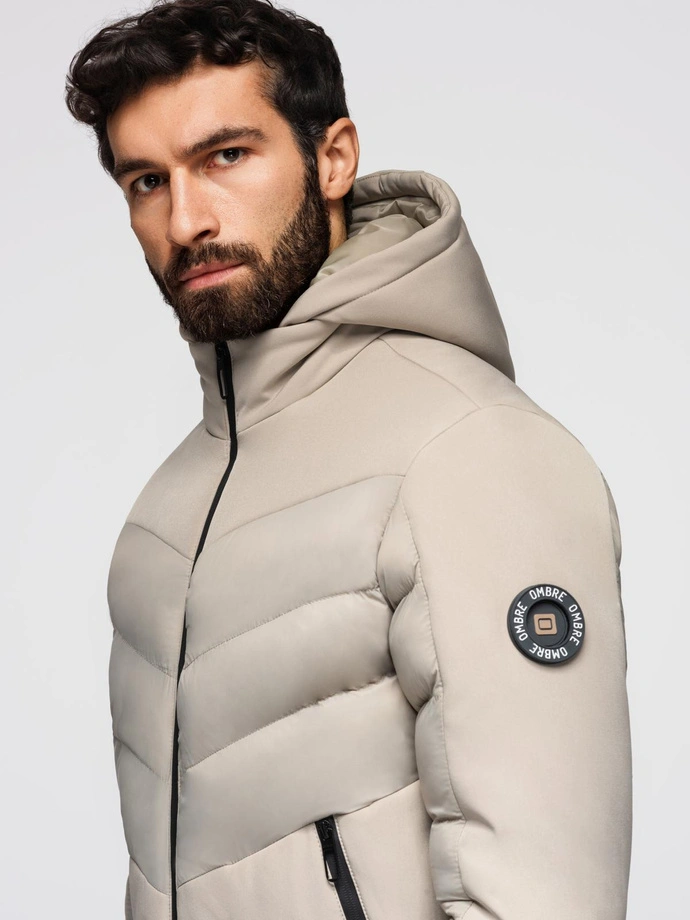 Jachetă matlasată combinată pentru bărbați cu guler înalt - bej V4 OM-JALP-0172