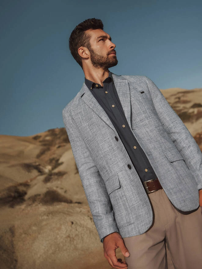 Men's REGULAR cut jacket with linen - light blue V3 OM-BLZB-0128