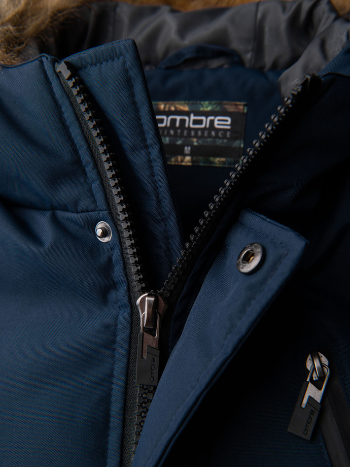 Pánska zimná bunda Aljaška s odnímateľnou kožušinou z kapucne - tmavomodrá V1 OM-JALJ-0148