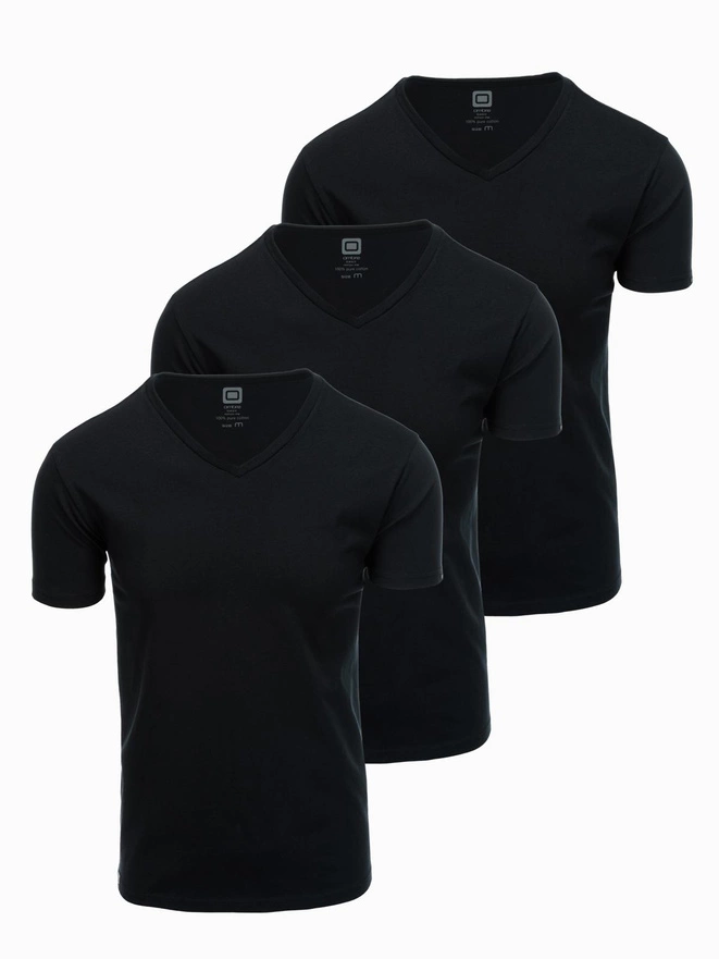 Set tricou cu decolteu în V din bumbac pentru bărbați BASIC - 3x negru V9 OM-TSBS-0233