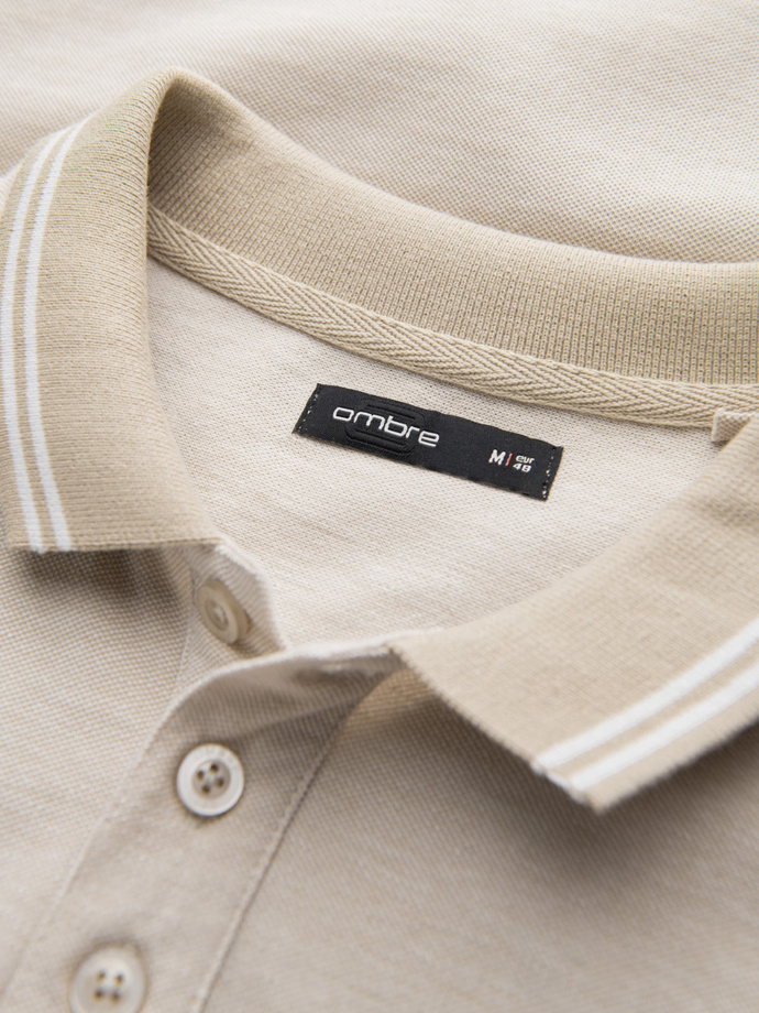 Men's melange polo shirt with striped collar - sand V4 OM-POSS-0109