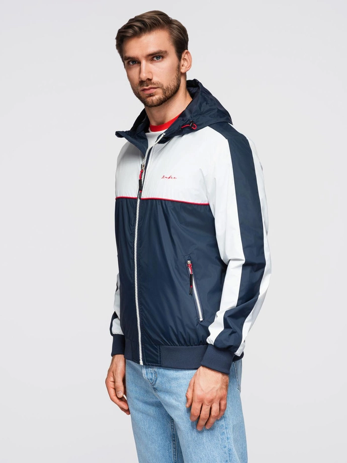 Men's contrast windbreaker jacket with hood - navy blue and white V1 OM-JANP-0228