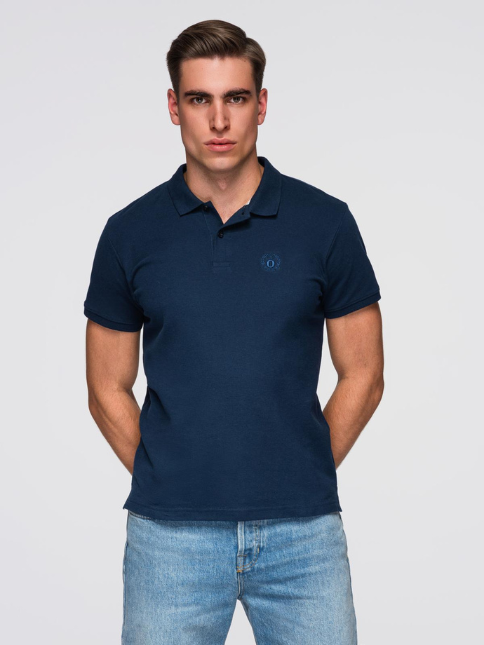 BASIC men's single color pique knit polo shirt - navy blue V2 OM-POBS-0100
