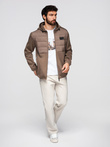 Men's lightweight jacket of combined materials with hood and decorative quilting - light brown V2 OM-JANP-0160