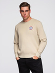 Men's non-stretch sweatshirt with college style patch - sand V3 OM-SSNZ-0134
