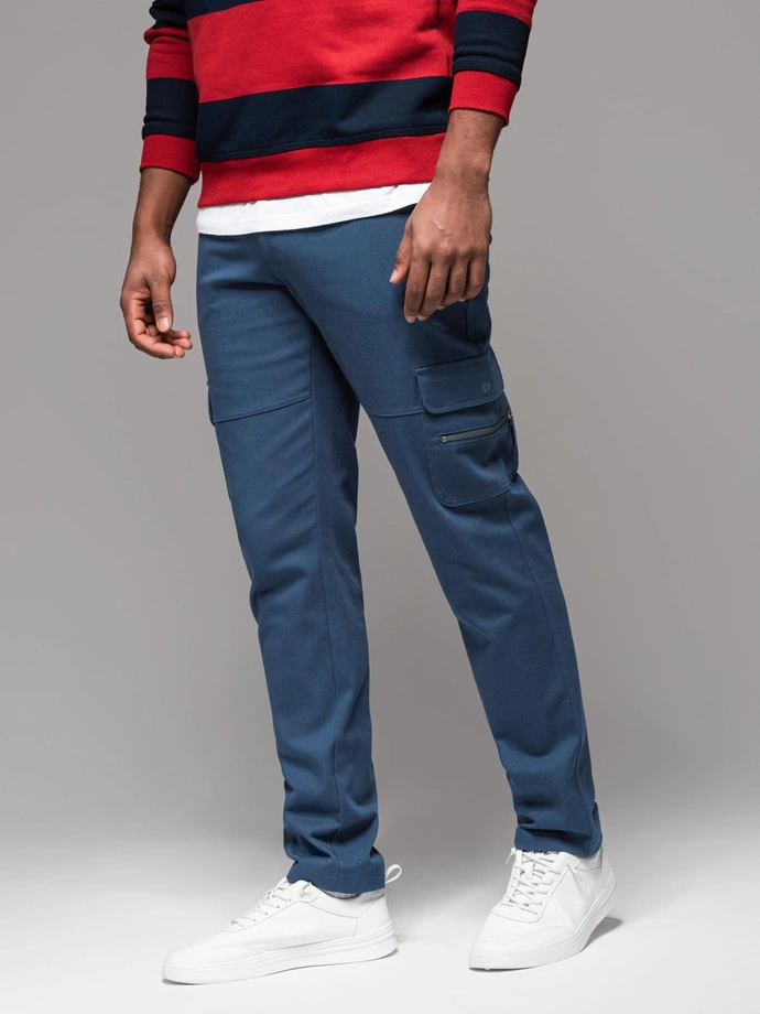 Pánske nohavice STRAIGHT LEG cargo s vreckami na zips - tmavomodré V1 OM-PACG-0204