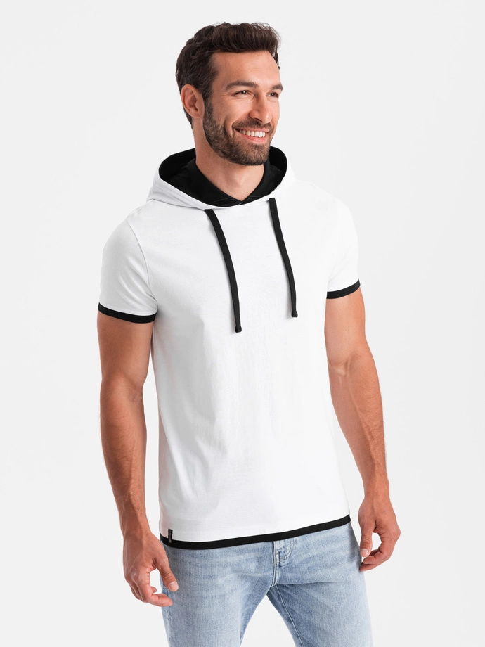 Casual men's cotton t-shirt with hood - white V1 OM-TSCT-22SS-001