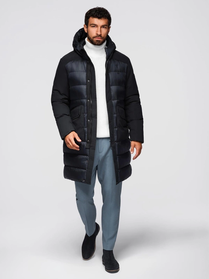 Pánská dlouhá prošívaná bunda s velkými kapsami - černá V1 OM-JALJ-0308