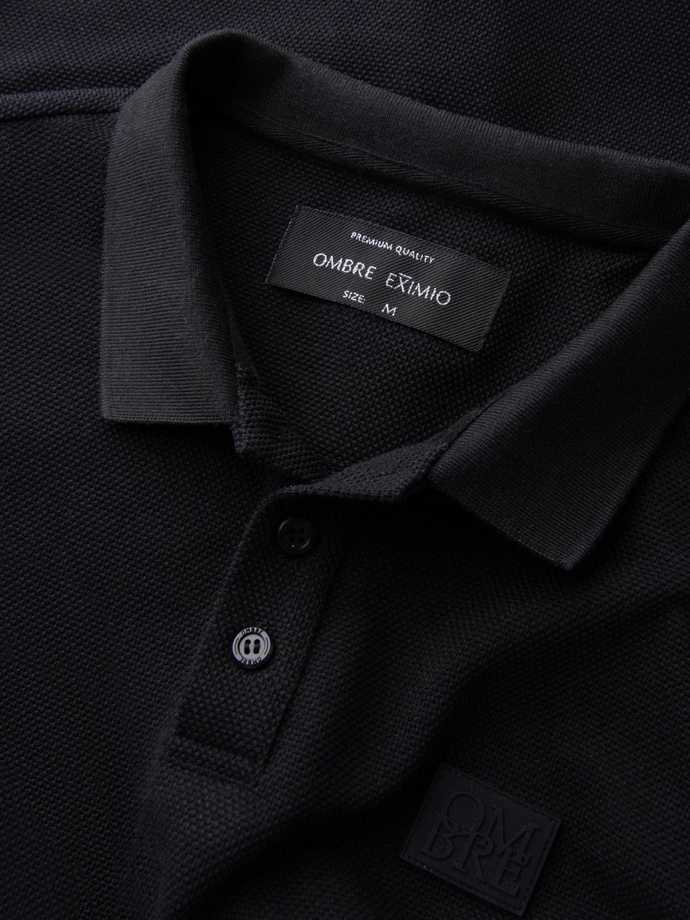 Polo bărbătesc structurat cu mânecă lungă și patch-uri - negru V1 OM-POLS-0131