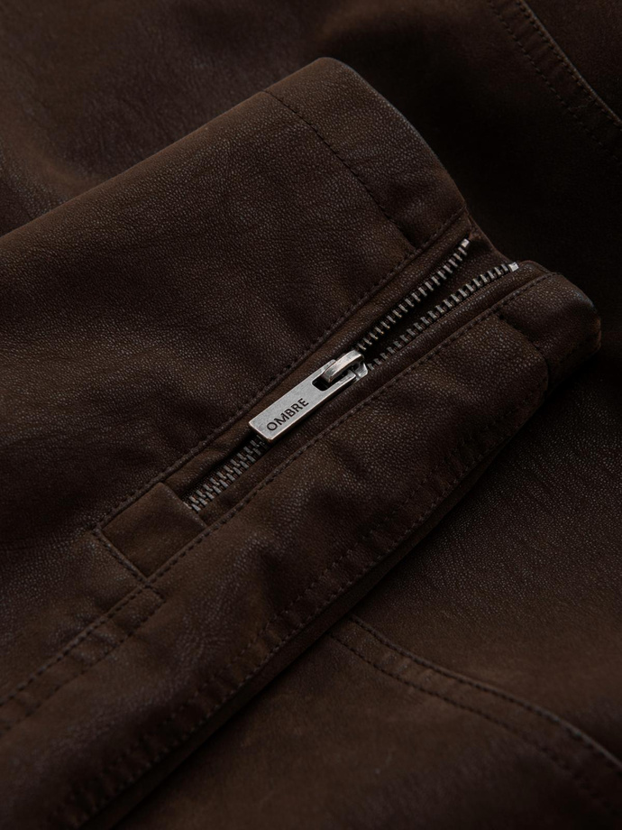 Pánska štýlová bunda z ekokože so stojačikom - tmavohnedá V1 C637