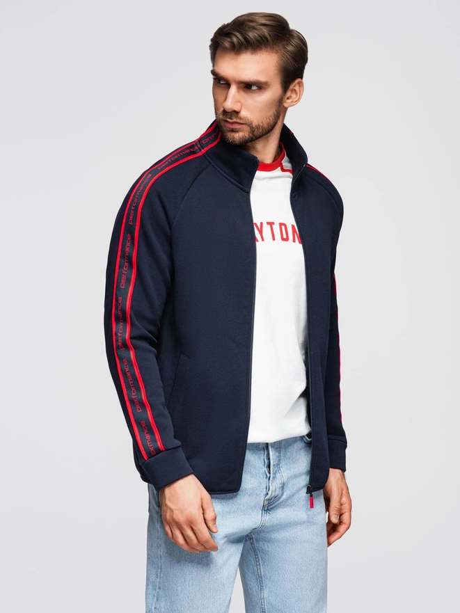 Men's unbuttoned sweatshirt with piping and high collar - navy blue V3 OM-SSZP-0224