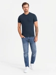 Men's SLIM FIT T-shirt with round neckline and logo - navy blue V2 OM-TSCT-0220