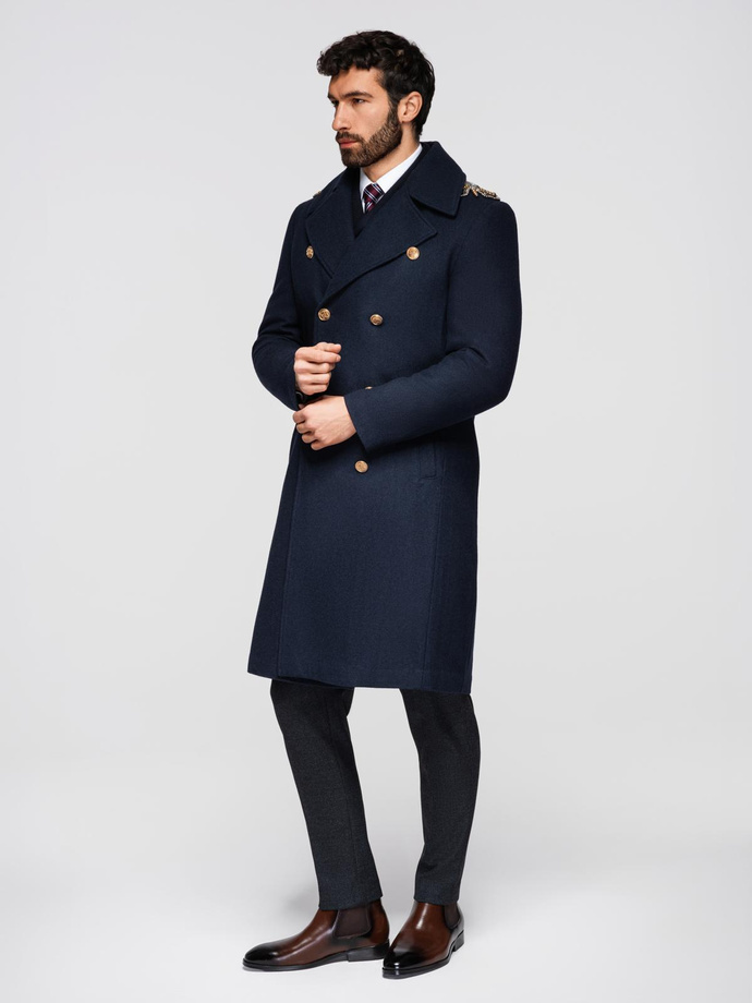Men's double-breasted coat with wool and decorative shoulder applications - V1 navy blue OM-COWC-0150
