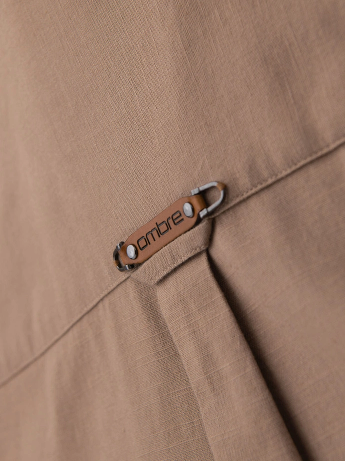 Men's linen shirt with classic collar and pockets REGULAR FIT - light brown V7 OM-SHCS-0134