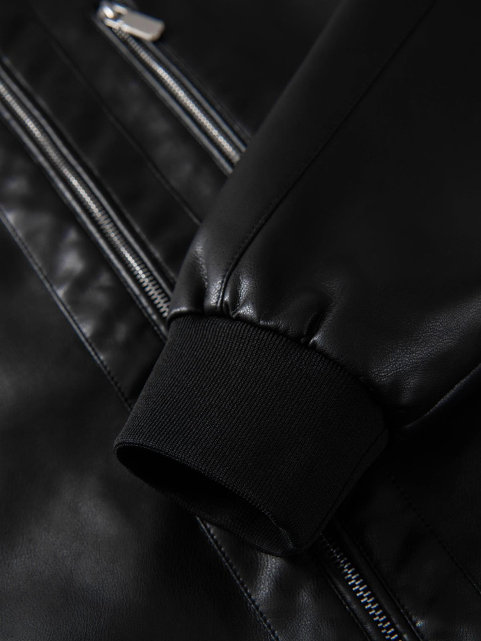 Jachetă bărbătească din piele artificială cu tiv cu nervuri - negru V2 OM-JAFL-0109