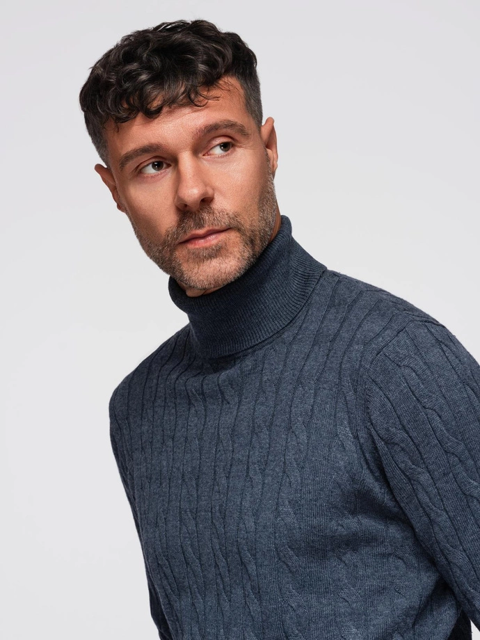 Men's turtleneck sweater with checkered weave - navy blue V3 OM-SWTN-0157