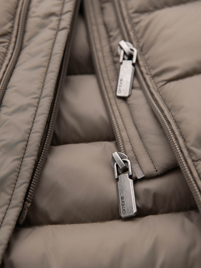 Jachetă matlasată pentru bărbați cu două închizători - bej închis V4 OM-JALP-0231